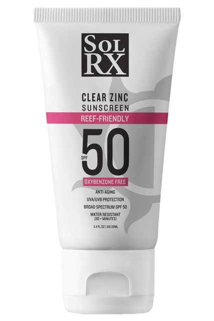 White bottle of SolRX spf50 clear zinc sunscreen 3 2/5 oz
