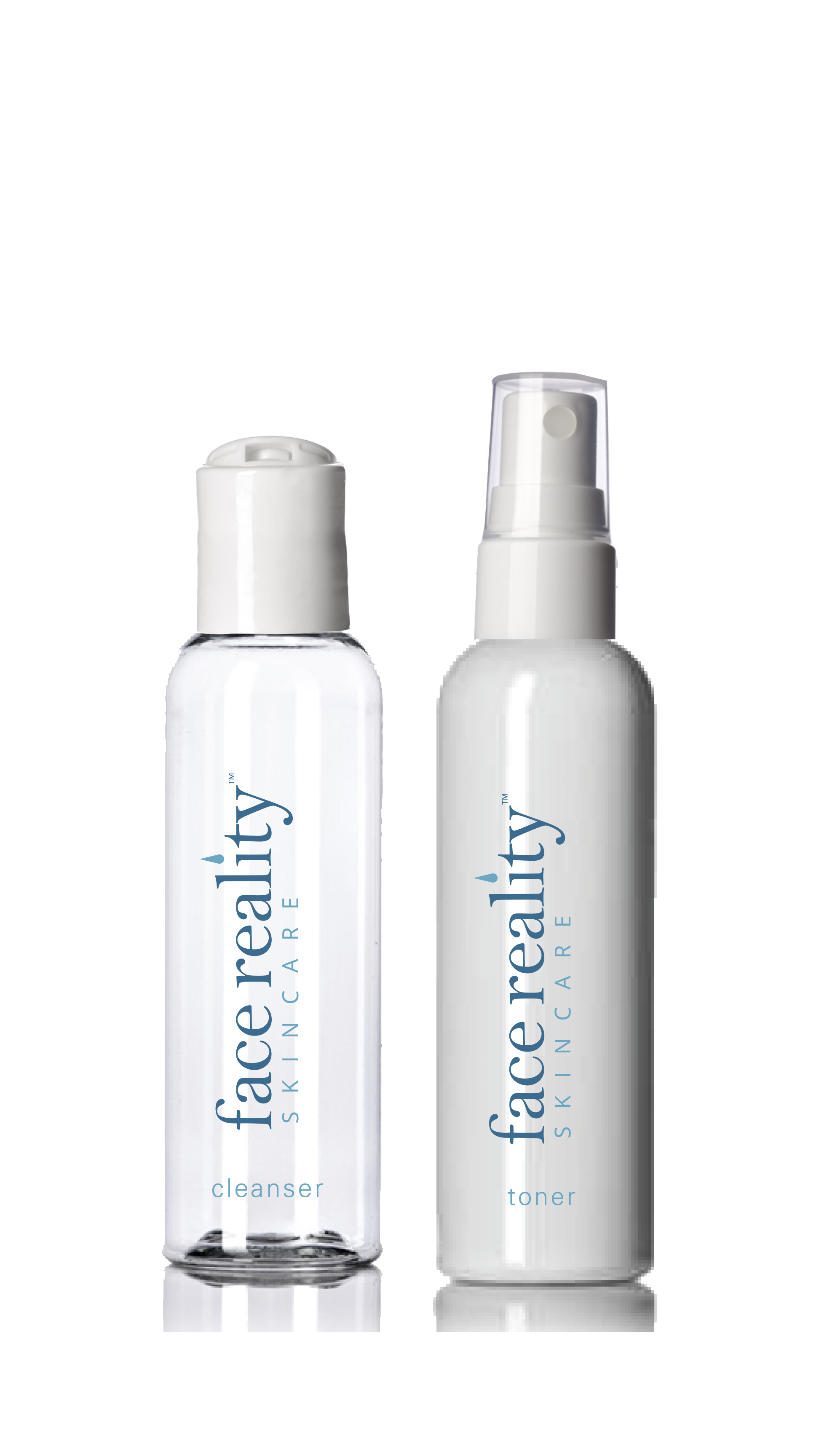 White travel bottles of cleanser and toner 2 oz