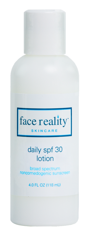 White bottle of Daily SPF30 Lotion broad spectrum noncomedogenic sunscreen 4 oz backbar