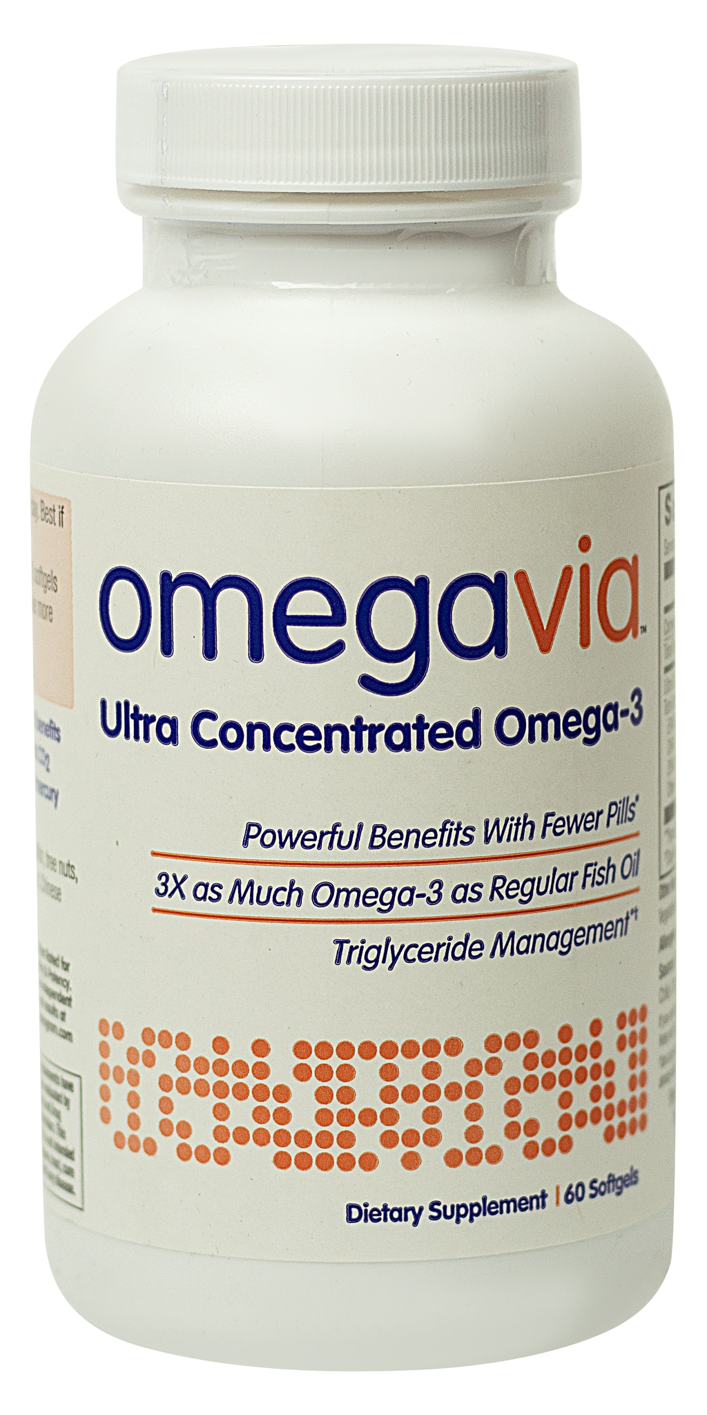 White bottle of OmegaVia Fish Oil dietary supplement 60 softgels