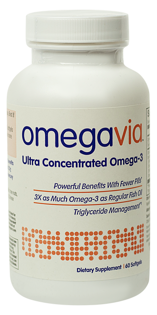 White bottle of OmegaVia Fish Oil dietary supplement 60 softgels