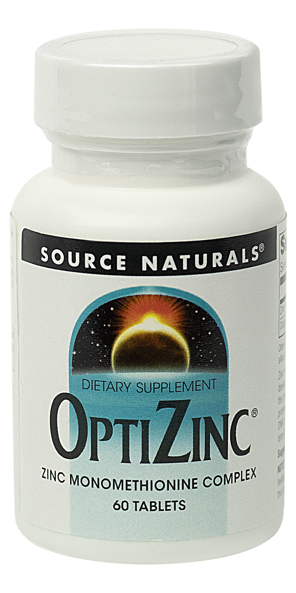 White bottle of OptiZinc dietary supplement 60 tablets