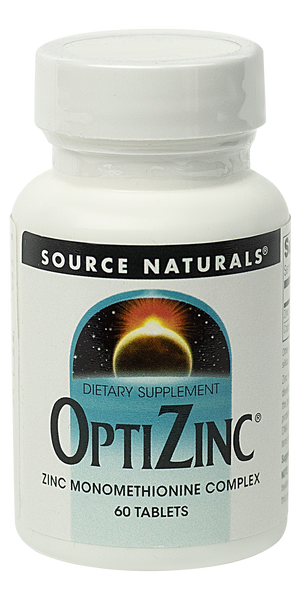White bottle of OptiZinc dietary supplement 60 tablets